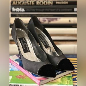 Vintage Stuart Weitzman Black Satin & Velvet w/Crystal Rhinestones Sz 6.5